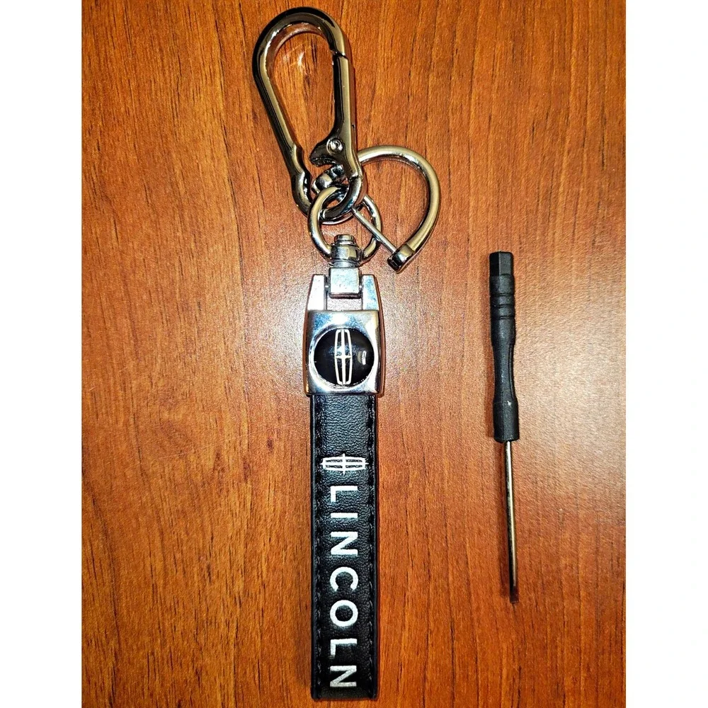 Lincoln Logo Black Leather Strap Keychain Key Fob w/ Metal Clip Key Ring